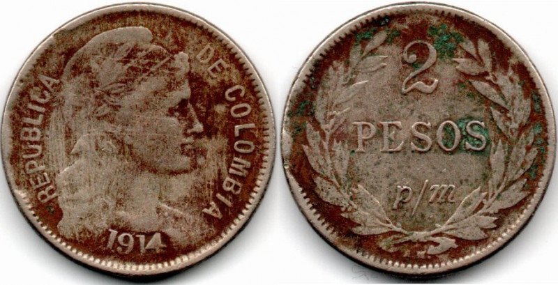 Colombia. Papel Moneda 2 Pesos 1914 E:F/VF