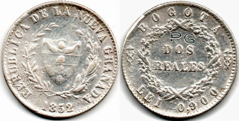 Colombia 2 Reales 1852 Bogota PEDRO GRAVENHORT de Cali E:XF
