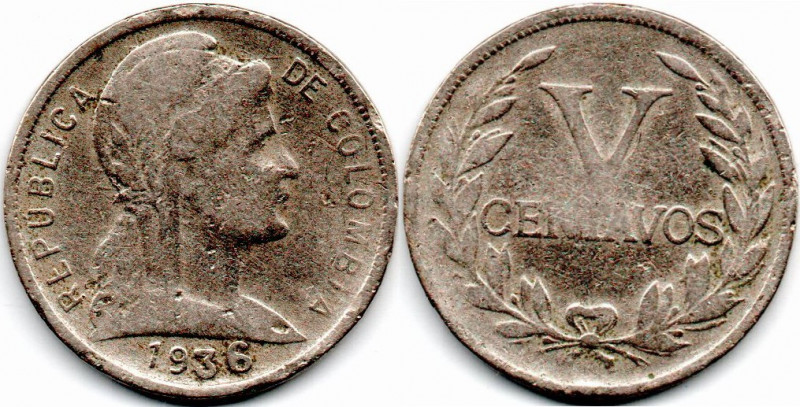 Colombia 5 Centavos 1936, 36 Irregular. Raro E:F