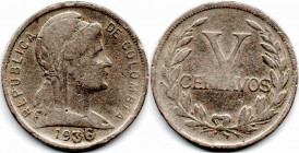 Colombia 5 Centavos 1936, 36 Irregular. Raro