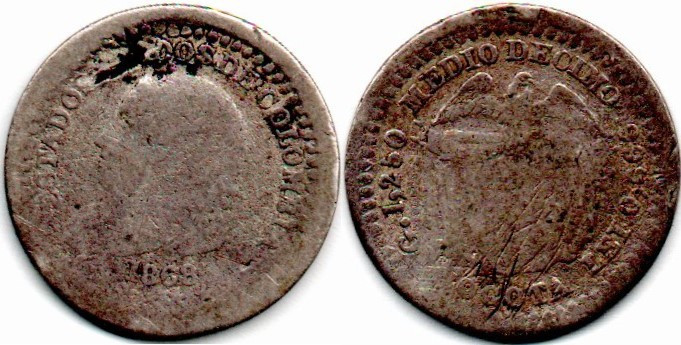 Colombia. Estados Unidos de Colombia 1/2 Decimo 1868 Bogota E:VG/F Escaso