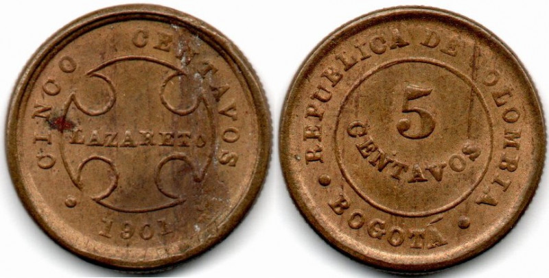 Colombia. Lazareto 5 Centavos 1901 Bogota E: Casi Sin Circular, Escaso