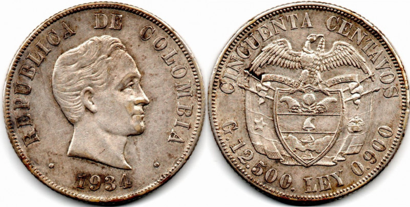 Colombia 50 Centavos 1934 Filadelfia ley .900 Plata E:XF+