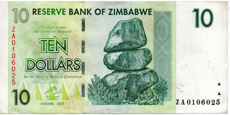 Zimbabue 10 Dolares 2007 REPOSICION E:7