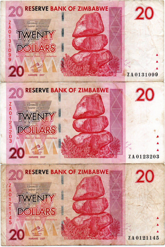 Zimbabue 3 Pzs. 20 Dolares 2007 REPOSICIONES E:7-8