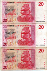 Zimbabue 3 Pzs. 20 Dolares 2007 REPOSICIONES