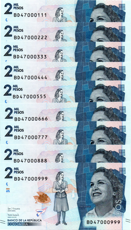 Colombia $2.000 Pesos BD (2021) 9 Pzs. #47000111,222,333,444,555,666,777,888,999...