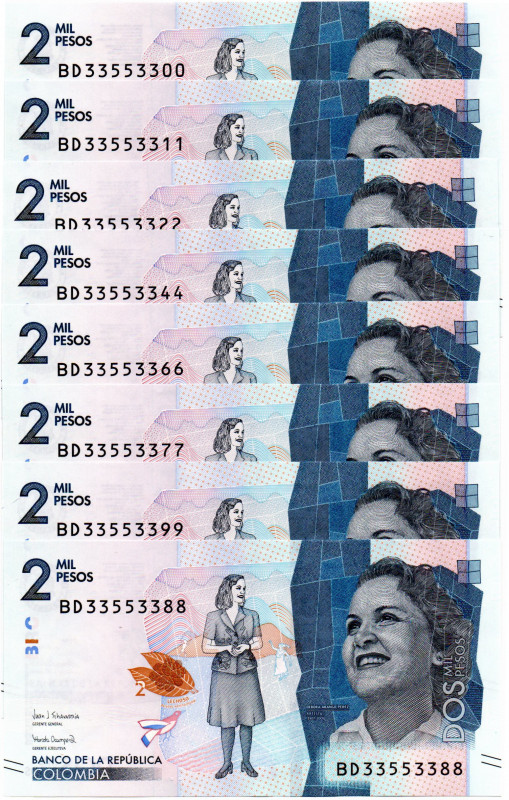 Colombia $2.000 Pesos BD (2021) 8 Pzs. PACHAS #33553300,11,22,44,66,77,88,99 E:9...