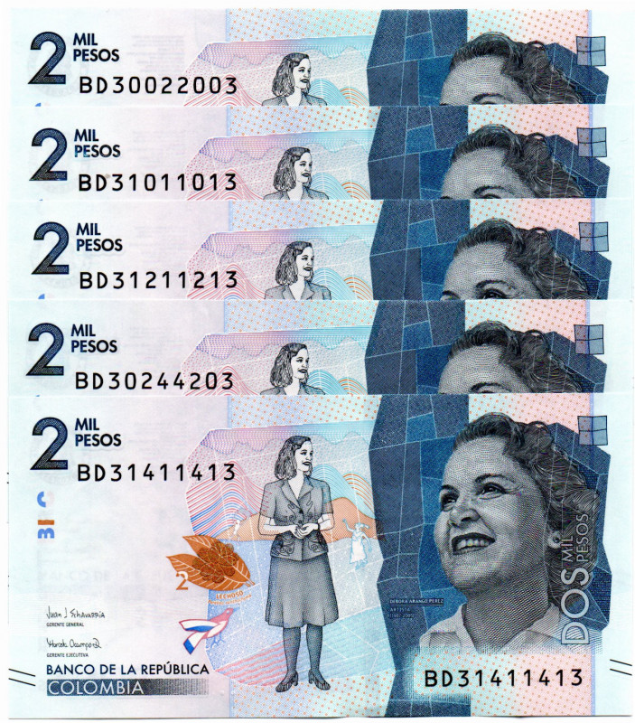 Colombia $2.000 Pesos BD (2021) 5 Pzs. RADARES E:9.5