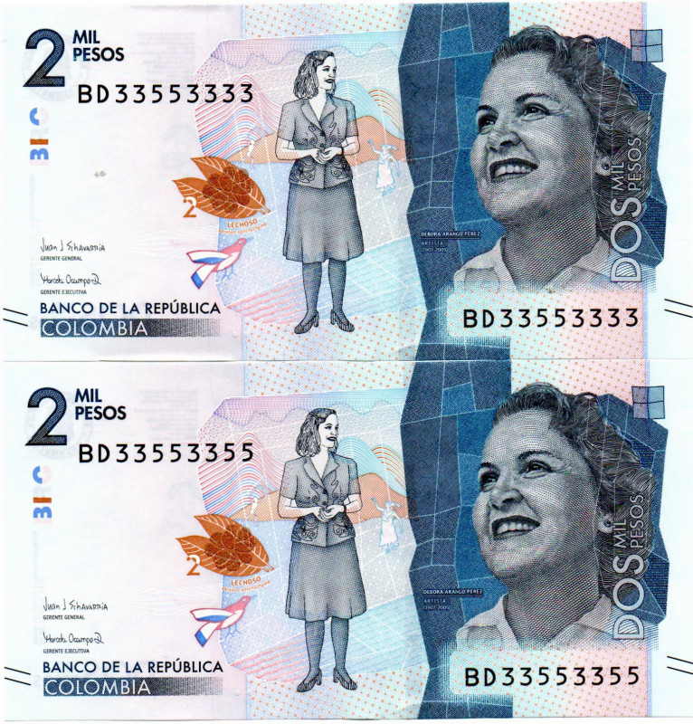 Colombia $2.000 Pesos BD (2021) 2 Pzs. SUPER PACHAS 33553355 y 33553333 E:9.5