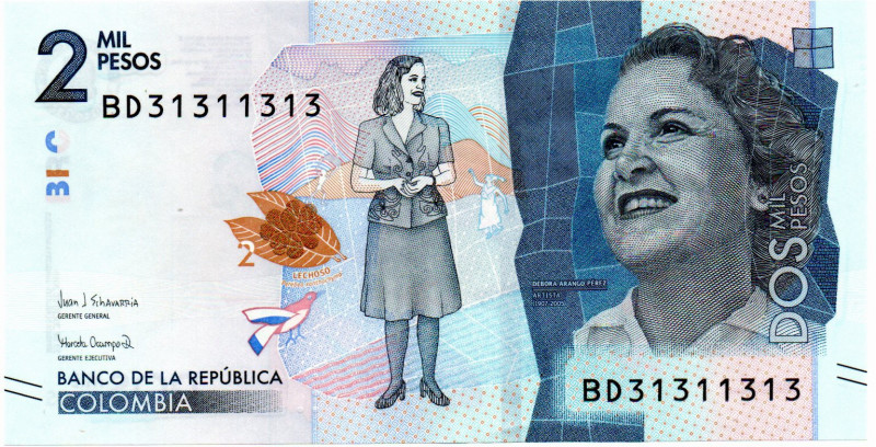 Colombia $2.000 Pesos BD (2021) RADAR Bi-Numeral #31311313 E:9.5