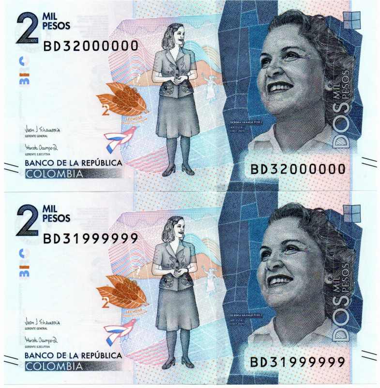 Colombia $2.000 Pesos BD (2021) Colas y Pareja #31999999 & 32000000 E:9.5