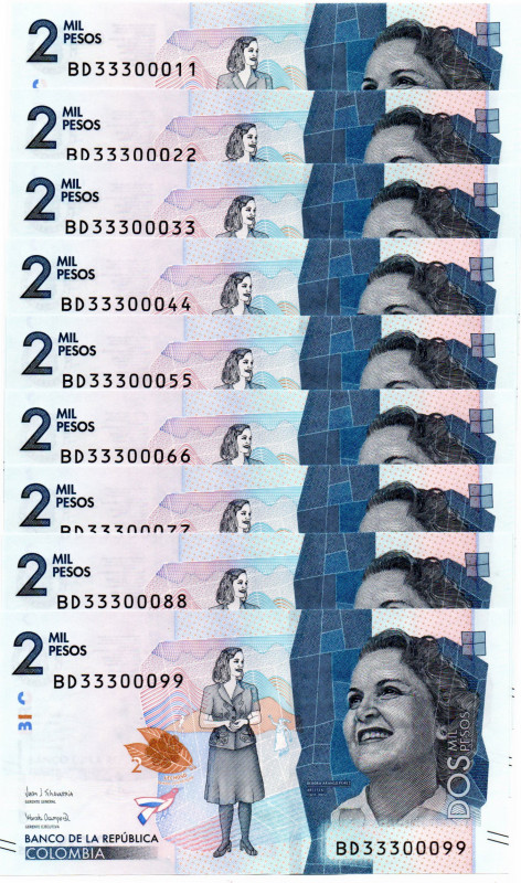Colombia $2.000 Pesos BD (2021) 9 Pzs. #33300011,22,33,44,55,66,77,88,99 con el ...