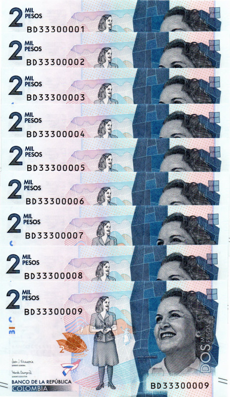 Colombia $2.000 Pesos BD (2021) 9 Pzs. #33300001,2,3,4,5,6,7,8,9 con el Bi-Numer...