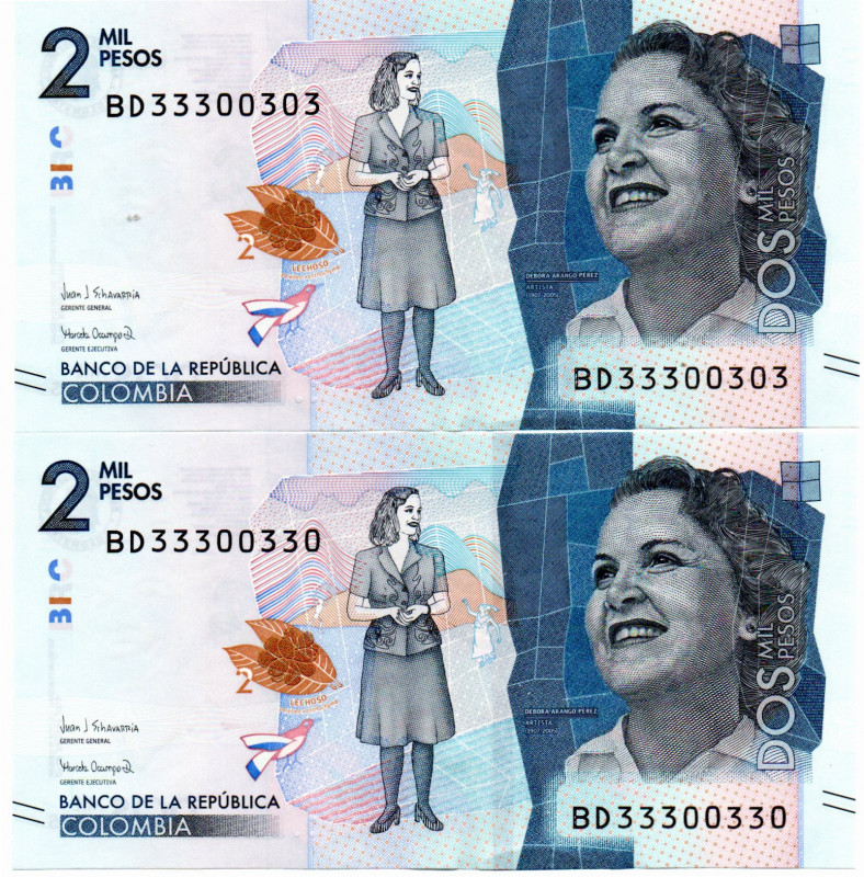 Colombia $2.000 Pesos BD (2021) 2 Pzs. Bi-Numerales #33300303 y 330 E:9.5