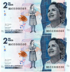 Colombia $2.000 Pesos BD (2021) 2 Pzs. Bi-Numerales #33300303 y 330
