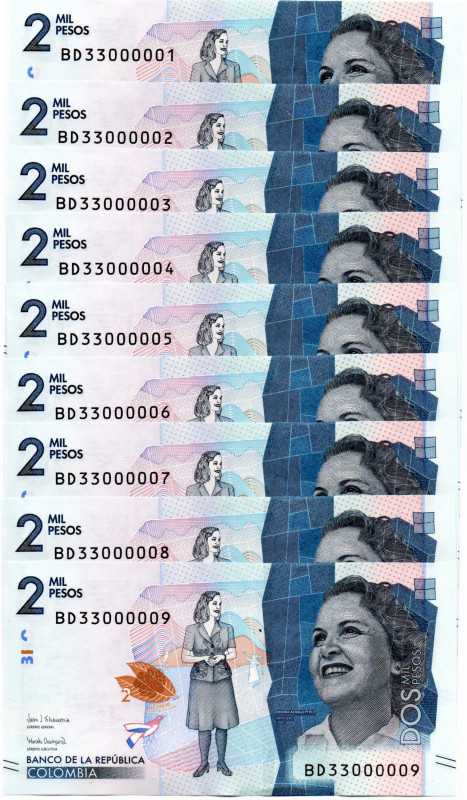 Colombia $2.000 Pesos BD (2021) 9 Pzs. #33000001,2,3,4,5,6,7,8,9 con el Bi-Numer...