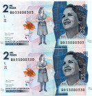 Colombia $2.000 Pesos BD (2021) 2 Pzs. Bi-Numerales #33000303 y 330