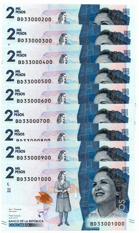 Colombia $2.000 Pesos BD (2021) 9 Pzs. #33000200,300,400,500,600,700,800,900,100...