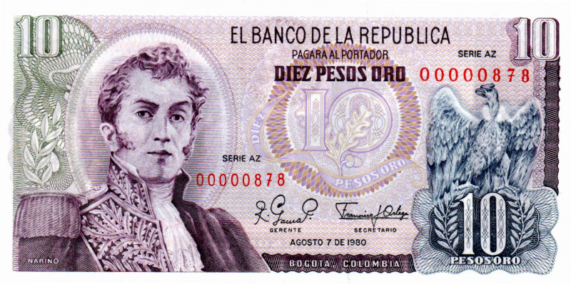 Colombia $10 Pesos 1980 Tres Digitos: 00000878 E:9.5