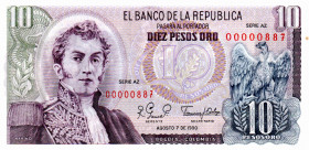 Colombia $10 Pesos 1980 Tres Digitos: 00000887