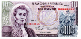 Colombia $10 Pesos 1980 Tres Digitos: 00000898