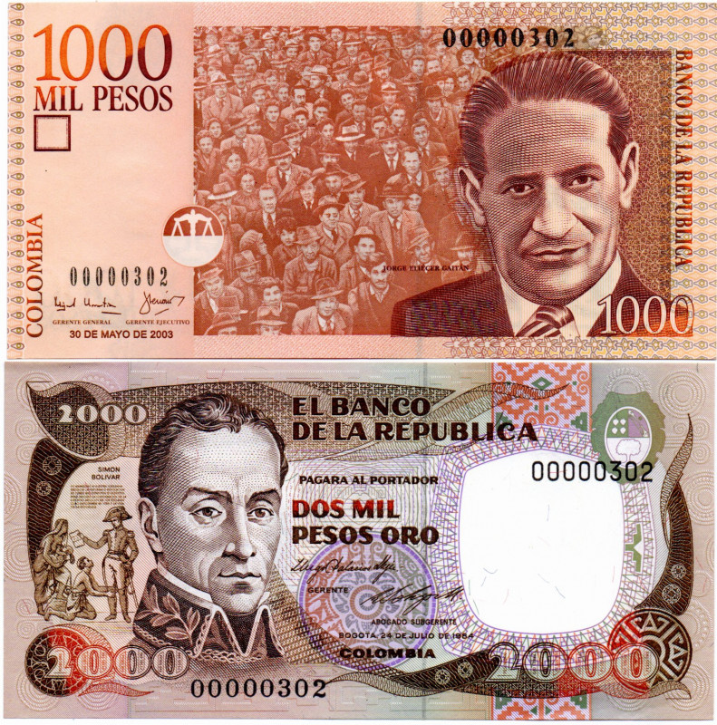 Colombia Hermanos de Tres Digitos #302: $1000 Pesos 2003 (Grande) $2000 Pesos 19...