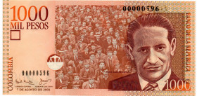 Colombia $1.000 Pesos Ago 2001 1era Fecha Tres Digitos: 00000596