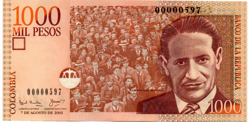 Colombia $1.000 Pesos Ago 2001 1era Fecha Tres Digitos: 00000597 E:9.5