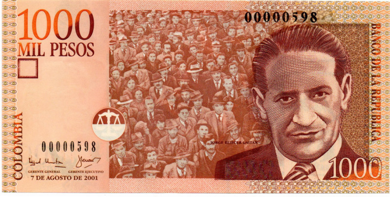 Colombia $1.000 Pesos Ago 2001 1era Fecha Tres Digitos: 00000598 E:9.5