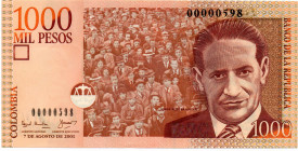 Colombia $1.000 Pesos Ago 2001 1era Fecha Tres Digitos: 00000598