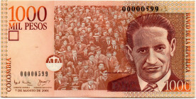 Colombia $1.000 Pesos Ago 2001 1era Fecha Tres Digitos: 00000599
