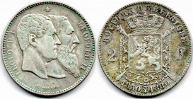 Belgium 2 Francs 1830-1880 50th Anniversary of Kingdom VF+