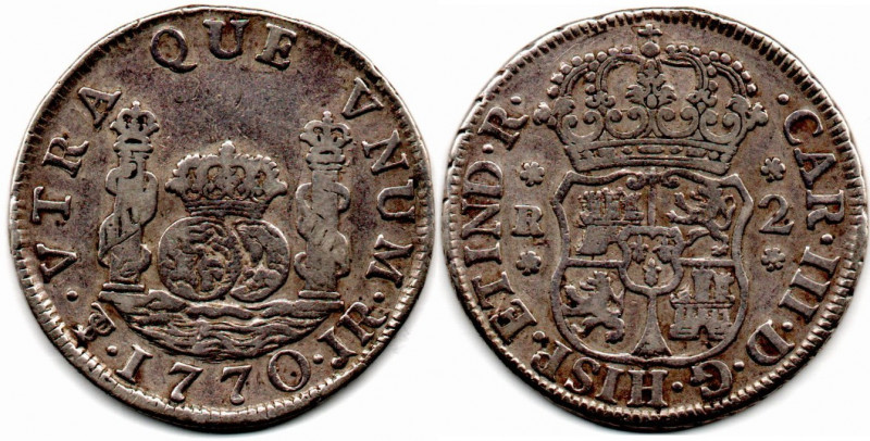 Bolivia 2 Reales 1770 PTS Potosi No Dot Very Rare, Spanish Colonial Pillar Type,...