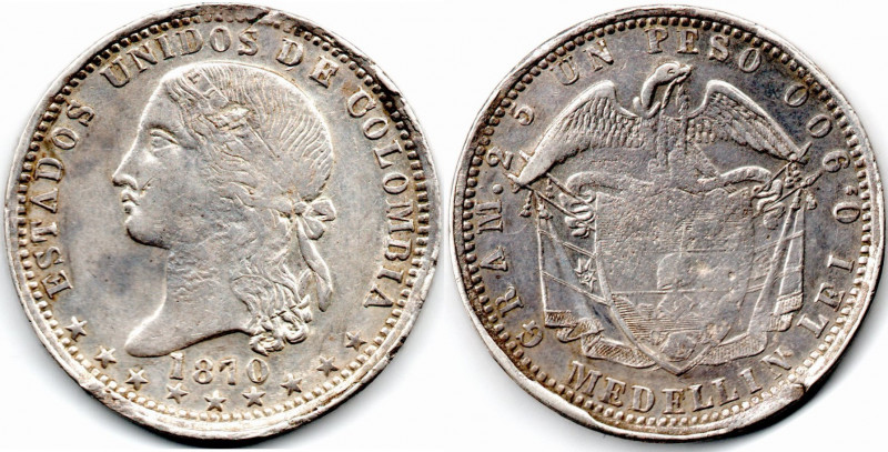 Colombia 1 Peso 1870 Medellin Very Rare United States of Colombia XF