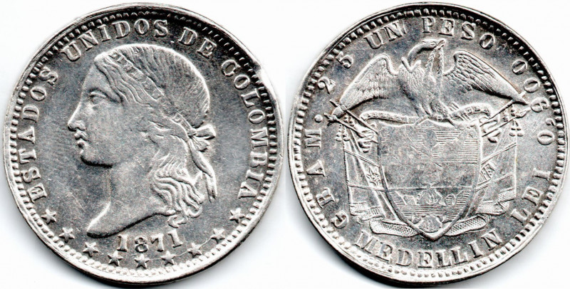 Colombia 1 Peso 1871 Medellin Very Rare United States of Colombia XF