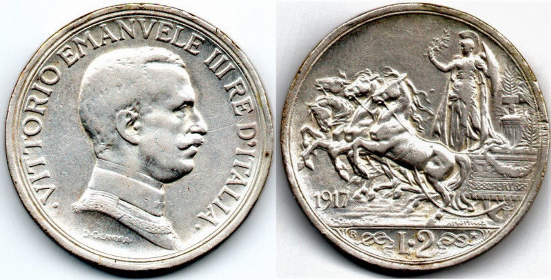Italy 2 Lire 1917 R Roma Vittorio Emanuele III Rare Date VF