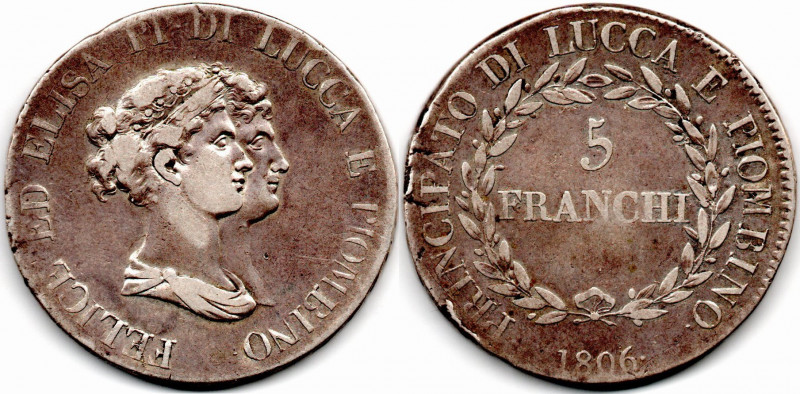 Italy LUCCA Italian States 5 Franchi 1806 Felix & Elisa KM 24.3 Rare. VF/VF+