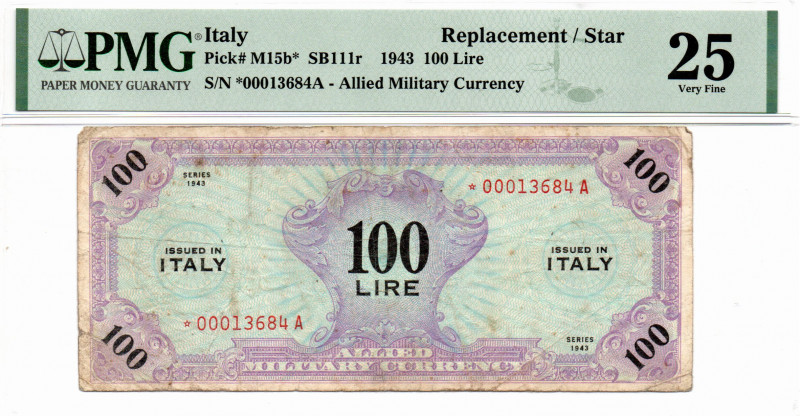 Italy 100 Lire 1943 Allied Military Currency M15b* Replacement Star Note Very Ra...