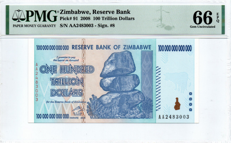 Zimbabwe $100 Trillion Dollars P 91 2008 66 EPQ PMG