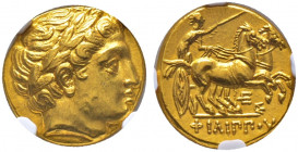 Makedonia. Könige von Makedonien. Philippos II. 359-336 v. Chr. 
Gold-Stater (posthume Prägung) 323-315 v. Chr. -Pella-. Kopf des Apollon mit Lorbeer...