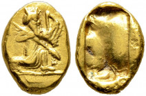 Persia. Achämeniden. Achämenidischer Großkönig. 
Golddareike ca. 480-450 v. Chr. Großkönig im Knielauf nach rechts mit Bogen und Speer / Unregelmäßig...