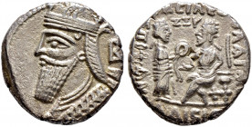 Persia. Arsakiden (Parther). 
Vologases IV. 147-191. Tetradrachme 155 -Seleukeia-. Brustbild des Königs nach links / Die nach rechts stehende Tyche ü...