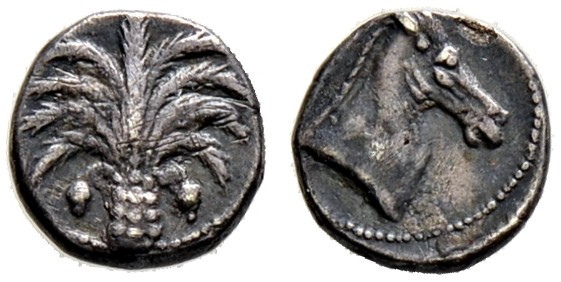 Zeugitana. Karthago. 
Obol 4. Jh. v.Chr. Dattelpalme / Pferdekopf nach rechts. ...