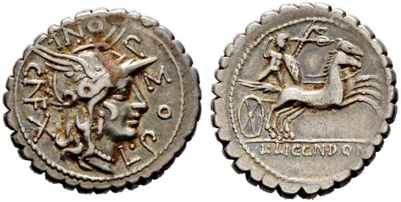 Römische Republik. Magistrate von Narbo 118 v. Chr. 
Denar (Serratus) -Narbo-. ...