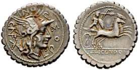 Römische Republik. Magistrate von Narbo 118 v. Chr. 
Denar (Serratus) -Narbo-. Romakopf mit Flügelhelm nach rechts, dahinter Wertzeichen X, darum L P...