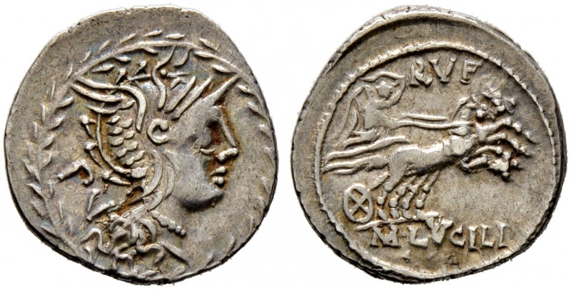 Römische Republik. M. Lucilius Rufus 101 v. Chr. 
Denar -Rom-. Romakopf mit Flü...