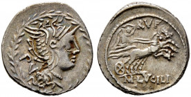 Römische Republik. M. Lucilius Rufus 101 v. Chr. 
Denar -Rom-. Romakopf mit Flügelhelm nach rechts, dahinter PV, das Ganze von einem Lorbeerkranz ein...