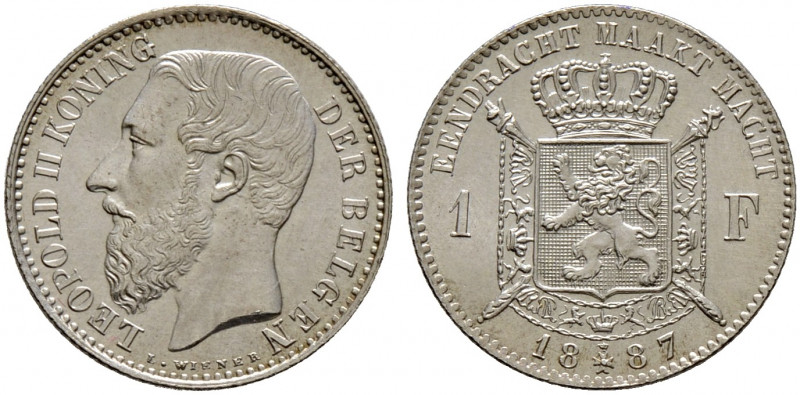 Belgien-Königreich. Leopold II. 1865-1909. 
1 Franc 1887. Flämische Legende. Mi...