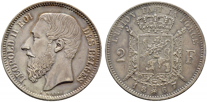 Belgien-Königreich. Leopold II. 1865-1909. 
2 Francs 1867. Französische Legende...